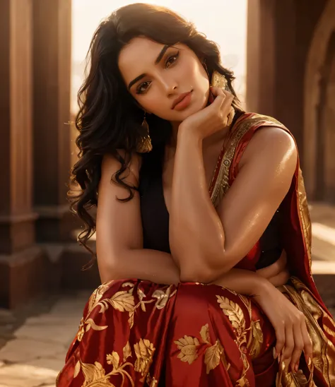 Bright background in outdoor. Red saree. Voluptuous and healthy, wet, black haired Kiara Advani in erotic, hot sexy pose. Sweaty...