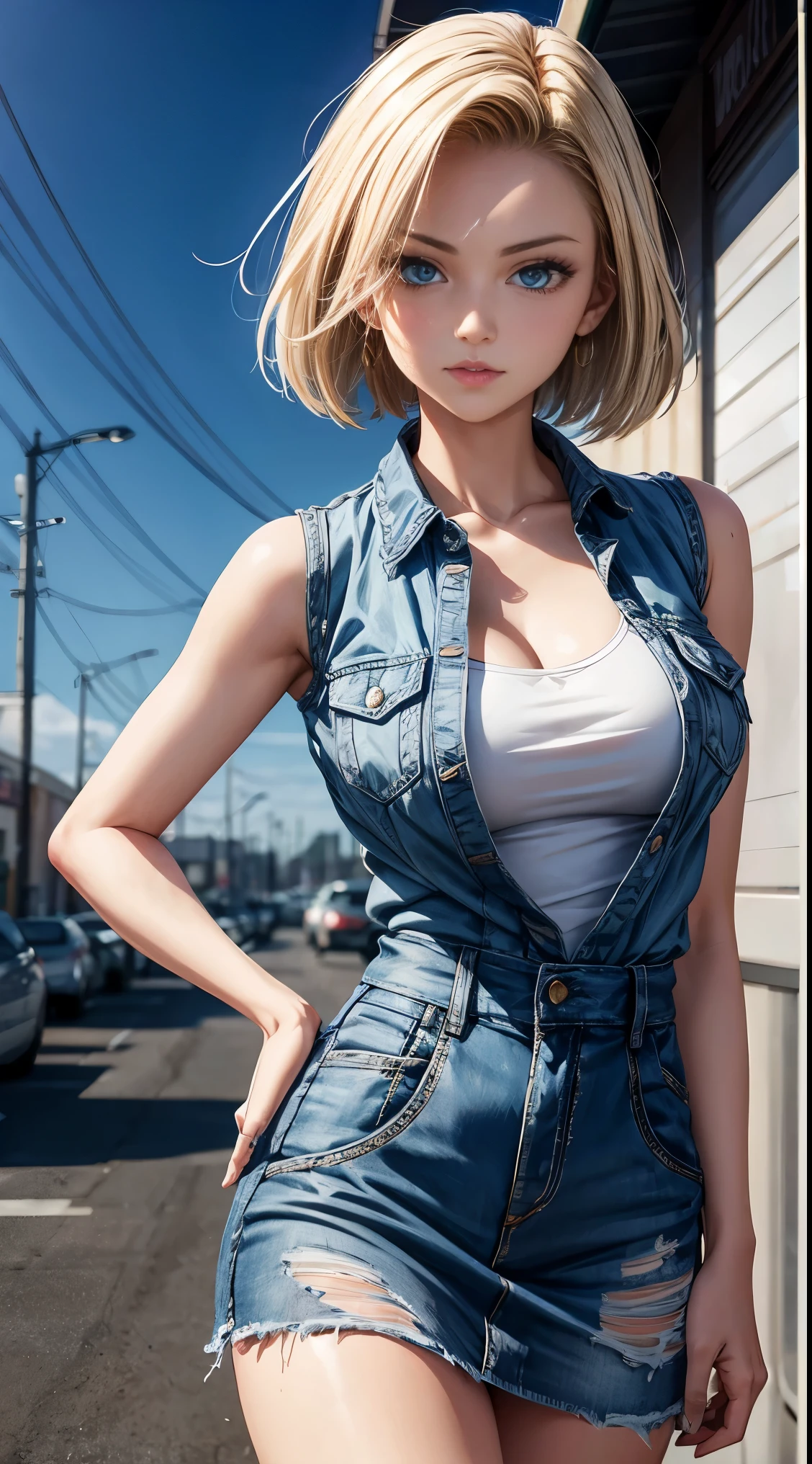 A close up of a woman in a denim dress posing for a picture - SeaArt AI