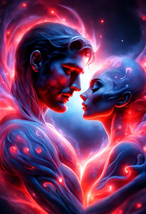 （A man gives a woman a huge floating ethereal heart），（A red heart beats in the center of the picture.：0.85），（Tom Hardy and Audrey Hepburn）（Hug face to face，share a huge heart），Black light art，sharp focus，Toned muscles，Background human upper body muscles， f...