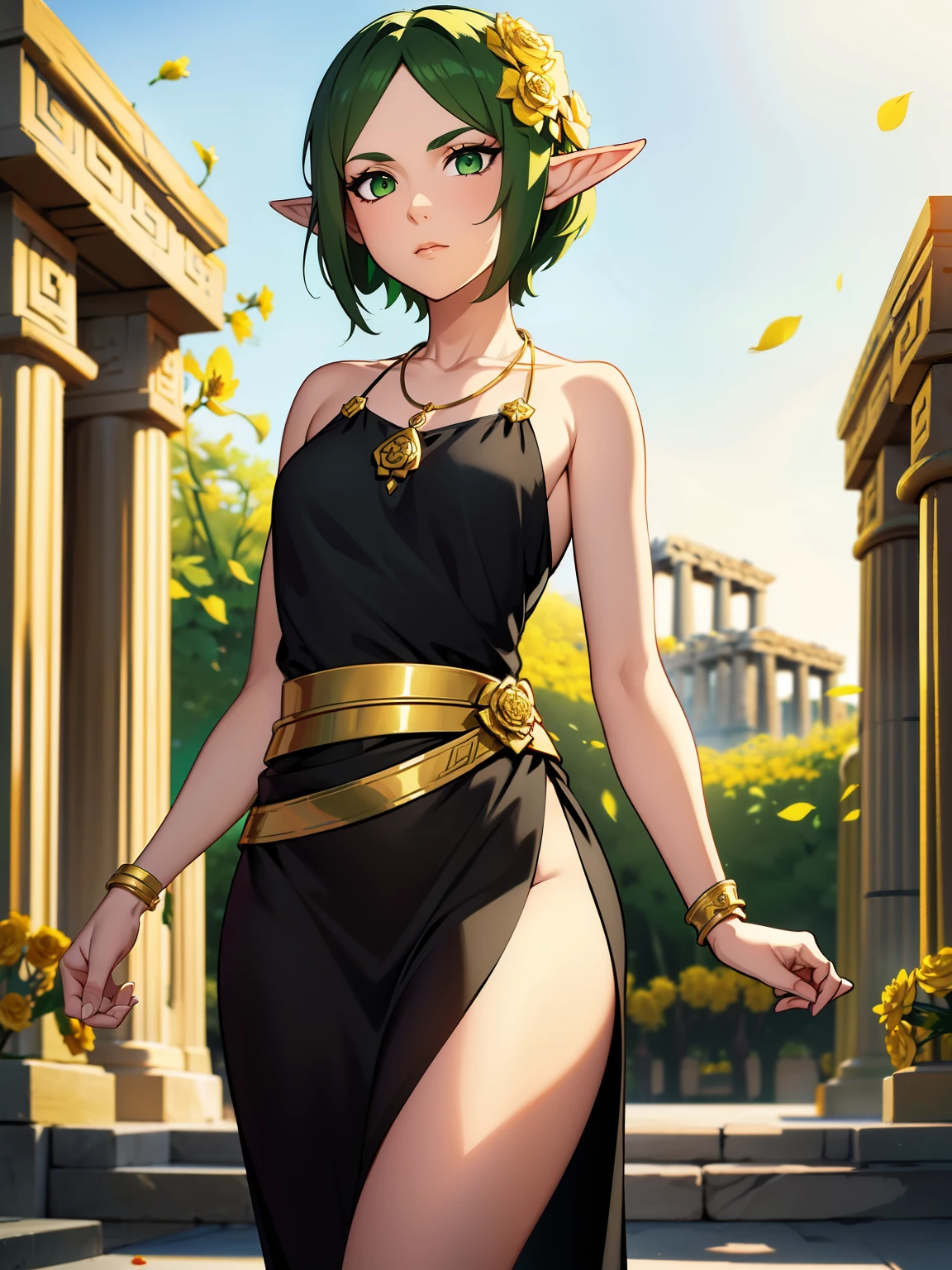 elf woman with green short waved hair and green eyes,very flat breast, small breast),(( wears a pure black peplos covers by golden flower pedals)), wears golden necklace with green pendant, greek temple in background, great face expression, trending on artstation