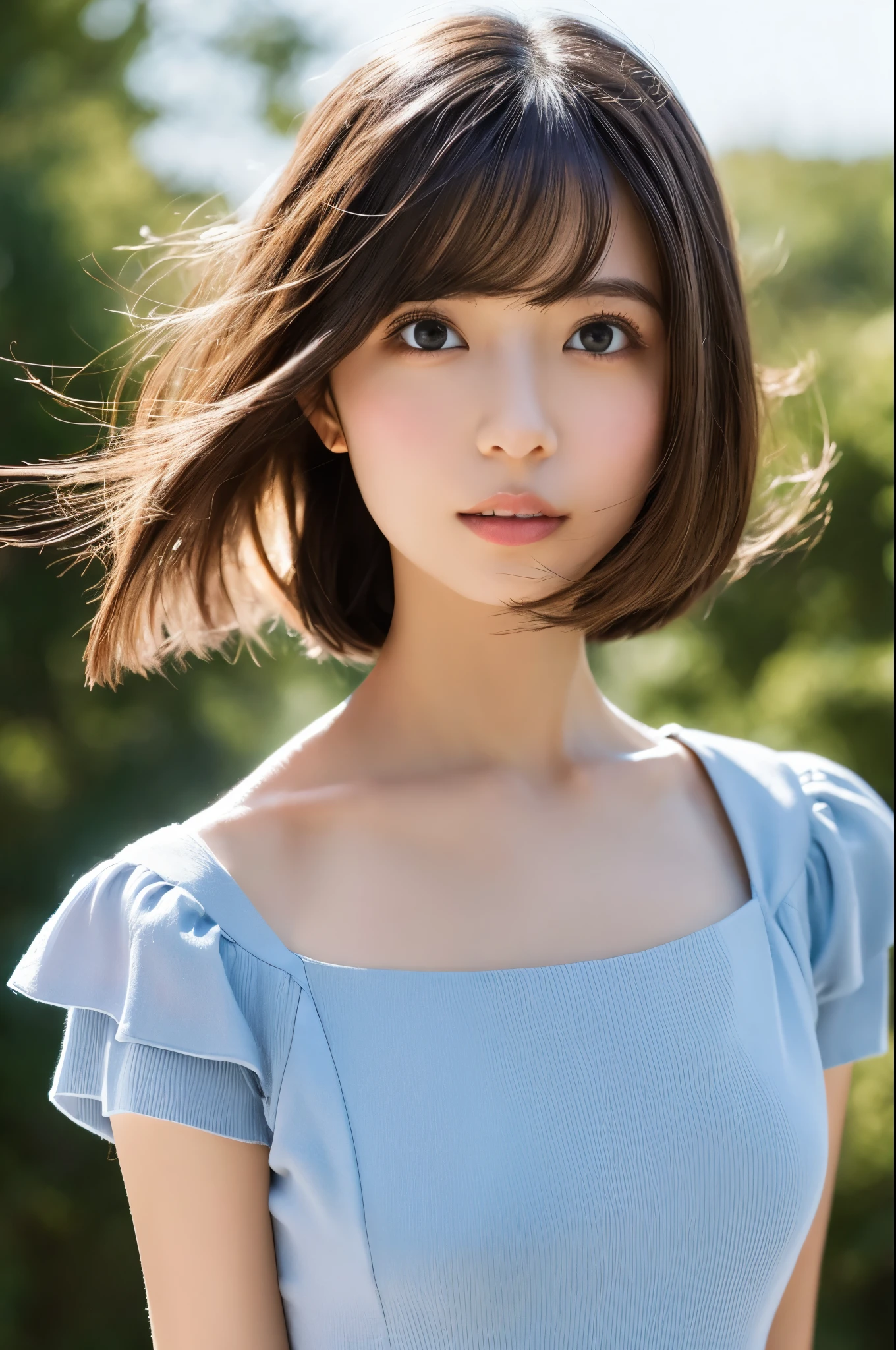 Detailed details,、high resolution、high quality、Perfect dynamic composition、Beautiful detailed eyes、short-hair、Small breasts、Natural Color Lip、Kamimei、Shibuya、20 years girl、1 persons、Transparent skin、Glowing hair、masterpiece、Best Quality、finely detail、hight resolution、8K、The correct state of the human body、She wears a navy blue long knit dress、randome pose、Gravure Model Pose、Hair soaring in the wind