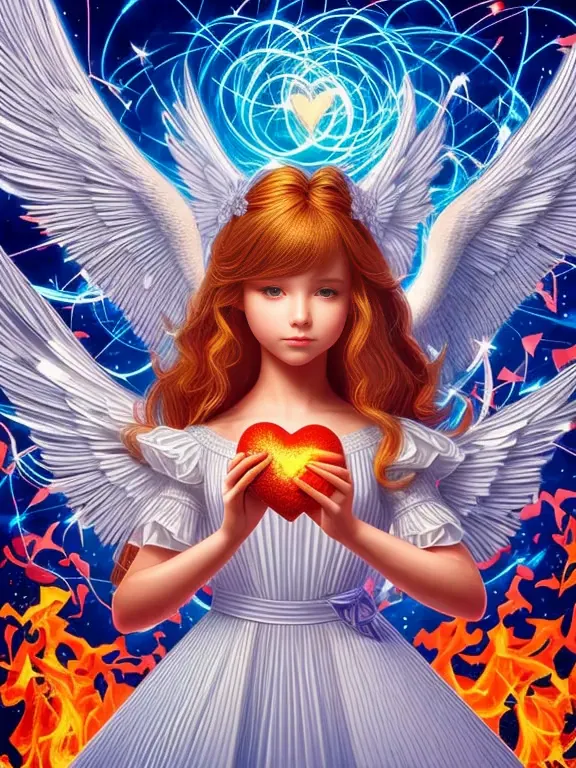 ((there is a young angel girl holding a fiery heart in her hands，beating slowly)), beeple and jeremiah ketner, inspired author：r...