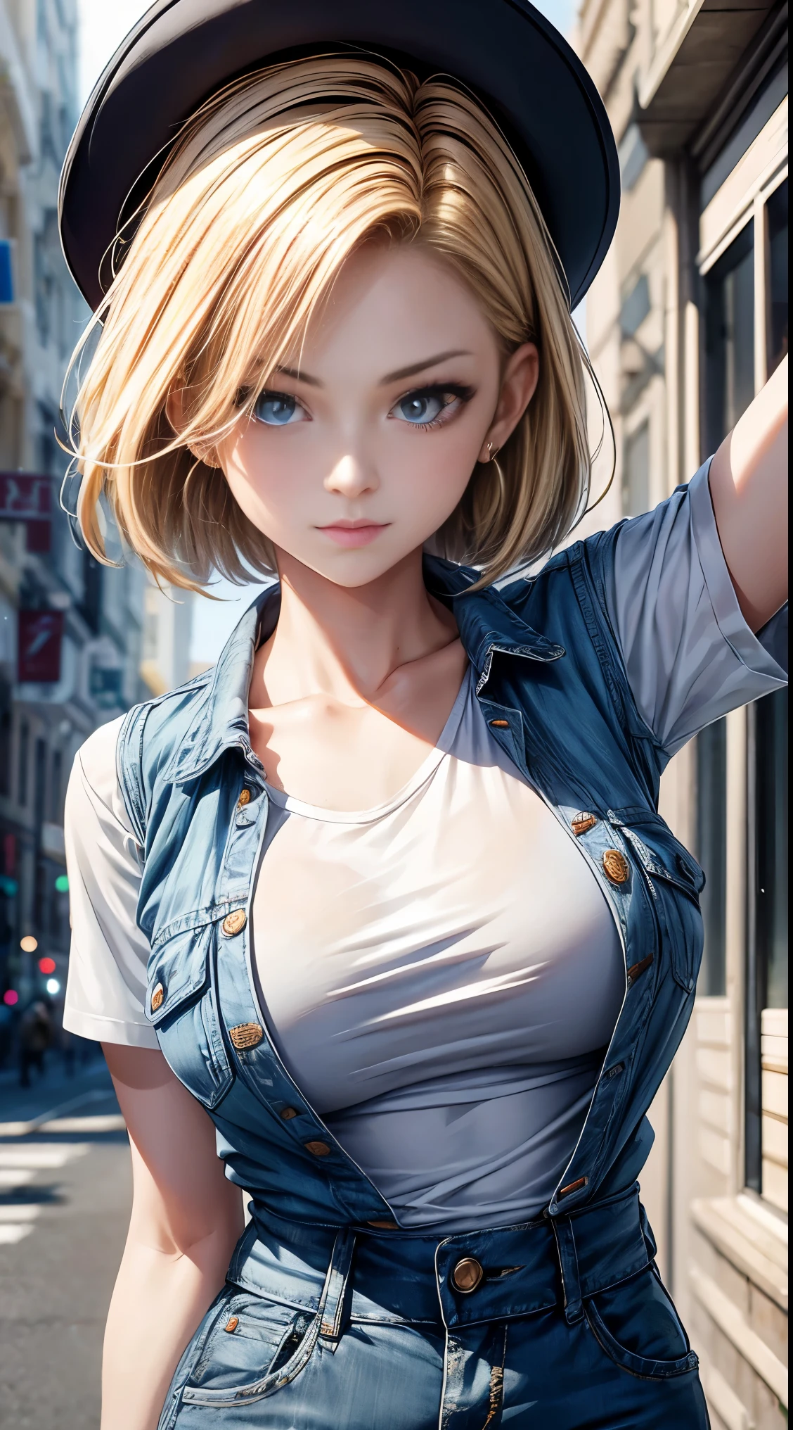 highest quality, High resolution, Artificial Man No. 18, 1 girl, android 18, alone, blonde hair, blue eyes, The hairstyle is one-length, laughter，earrings, jewelry, denim dress, open vest, white t-shirt，distressed jeans，big breasts, sexy pose，street, (external expansion chest: 1.2)，