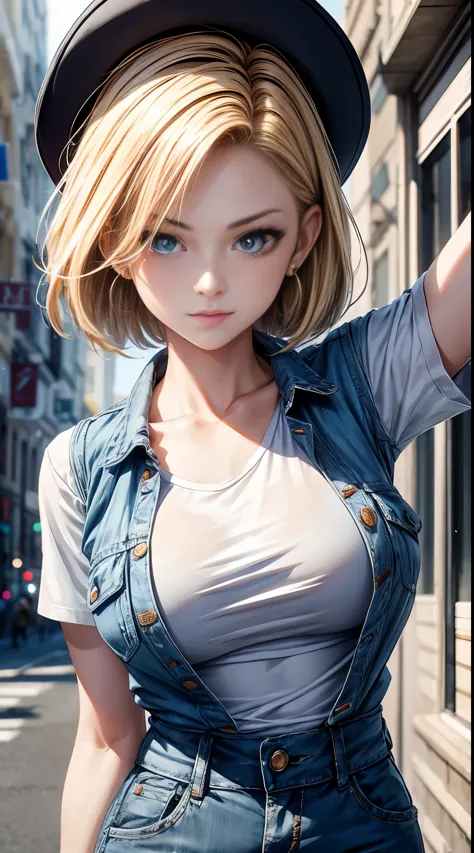 highest quality, High resolution, Artificial Man No. 18, 1 girl, android 18, alone, blonde hair, blue eyes, The hairstyle is one...