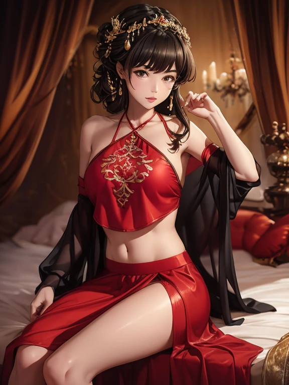  1girl, navel, solo, realistic, midriff, bare shoulders, sitting, hair ornament, black hair, jewelry, curtains, brown hair, parted lips, skirt, red skirt, looking at viewer, cowboy shot, juemei