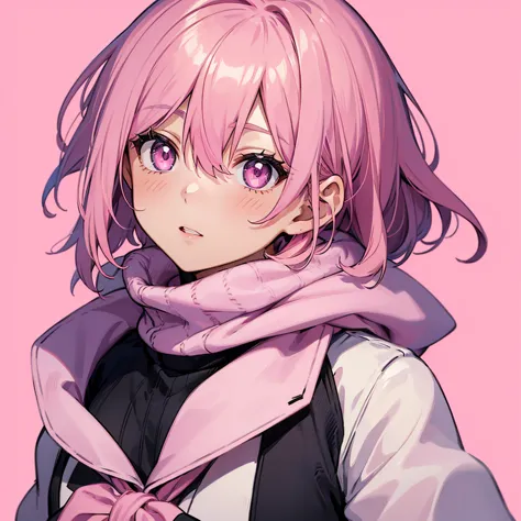 a girl with pink hair who is wearing a blazer jacket and scarf, 1girl, solo, pink hair, short hair, looking at viewer, pink eyes...