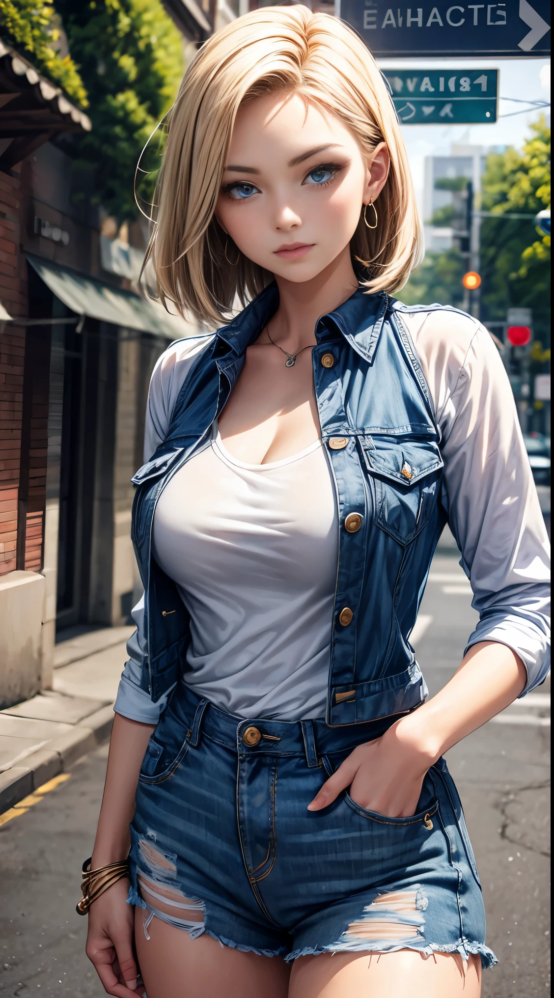 highest quality, High resolution, Artificial Man No. 18, 1 girl, android 18, alone, blonde hair, blue eyes, The hairstyle is one-length, laughter，earrings, jewelry, denim dress, open vest, white t-shirt，distressed jeans，big breasts, sexy pose，street, (external expansion chest: 1.2)，