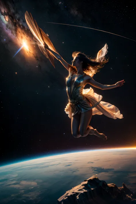 a beautiful woman flying through the aragonite star cluster