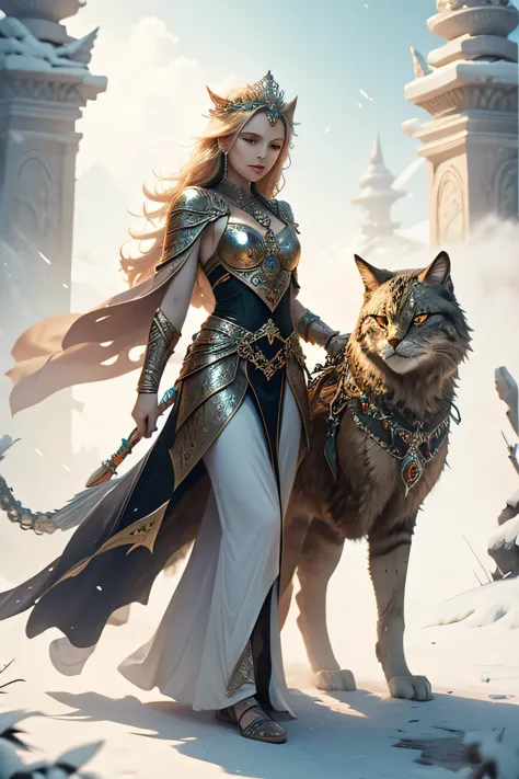 Create a captivating visual portrayal of Freyja, the Norse goddess of love, beauty, and war. Envision her standing in a mythical...