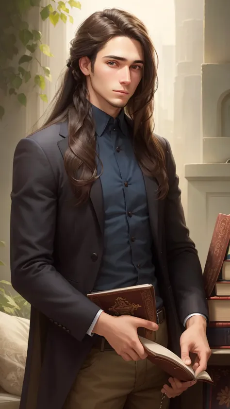 a portrait of a young man with　her long brunette hair is tied in a high ponytail.holding a book, cover art, realistic