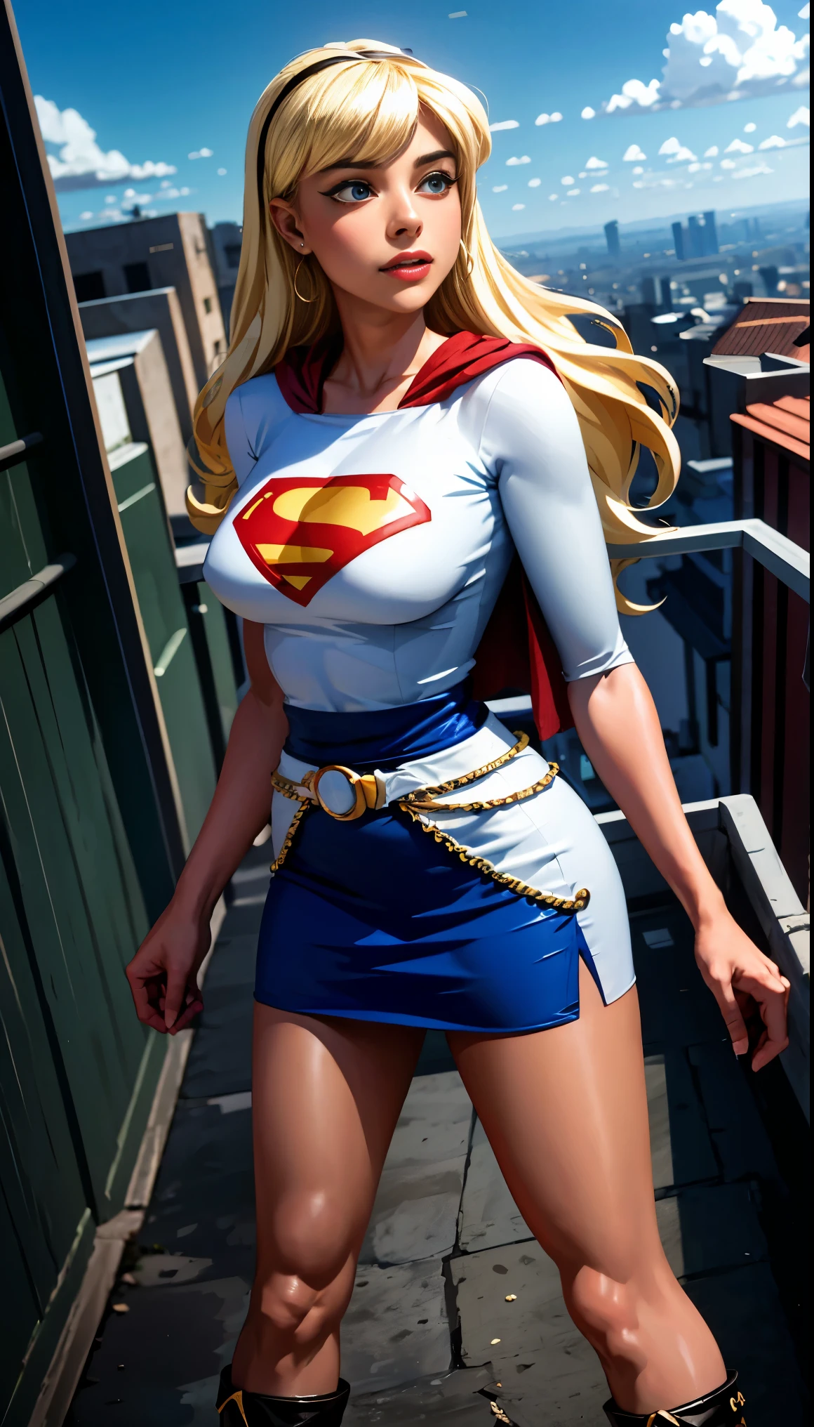 (tiro de vaqueiro), sfw, (obra de arte), (melhor qualidade:1.0), (ultra high resolution:1.0), olhos detalhados,
QUEBRA Supergirl, 1 garota, cabelo loiro longo, no ar, voador
faixa de cabelo, \(branco\) corte superior, manga curta, capa, blue pencil skirt, luvas, botas BREAK
(nuvens, CIDADE, vista deslumbrante)