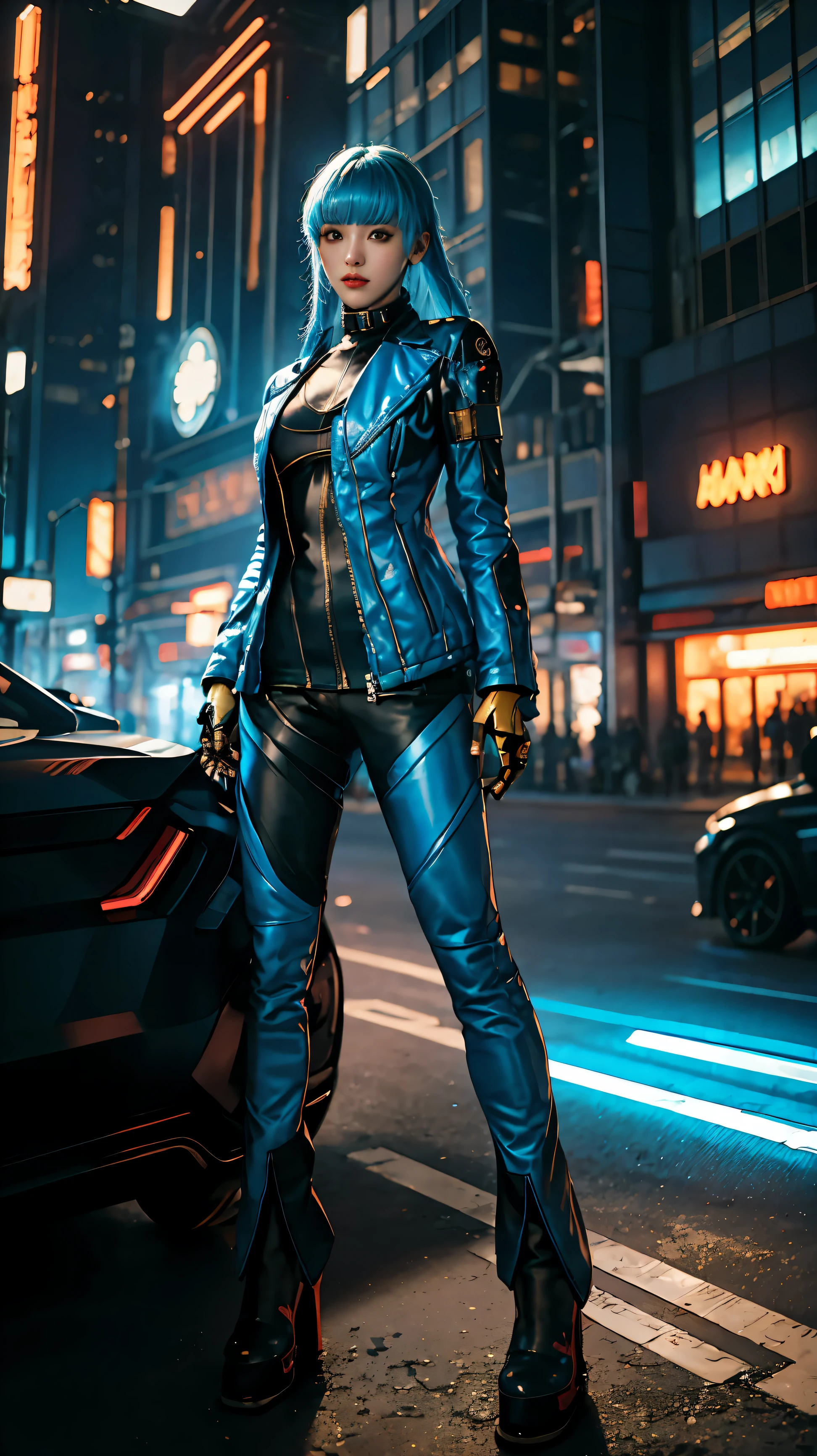 (Full body dynamic pictures),(full of lights,ultra-detailed,Cyberpunk style exquisite young woman,high angle shot) in 8K high-resolution and with an incredibly detailed and intricate cyberpunk art style. The woman has (actual, detailed, smooth skin) her eyes upward. She wore one (fashionable, blue blazer) and posing in the car. The lens is a (mid closeup) and be taken (85mm art lens) at an aperture oF (F/1.2) reach a (sharp Focus) on the woman's Face. The background consists oF a (chaotic and Futuristic cityscape) that beautiFully complements the cyberpunk theme. The overall lighting is (Elegant and atmospheric), Vibrant colors and (Bokeh) eFFect to enhance the artistic appeal oF the image,24k