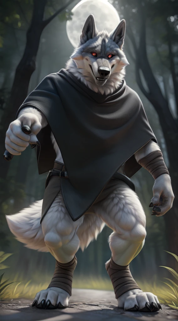 death (puss in boots), male, muscular, wolf, canid, fluffy, standing, night, forest, claws, paws, low angle view, long hair, black sclera, red eyes, tail, front view, action pose, (black poncho:1.2), clothed, red underwear, white body, black fur, black fur, grey fur, forest, moonlight night,
BREAK,
by virtyalfobo, by anchee, by snowskau, by foxovh, by sabretoothed ermine, (intricate, high detail, film photography, soft focus, RAW candid cinema,
photorealism, realistic, photorealistic, analog style, subsurface scattering,
masterpiece, best quality, ultra realistic)