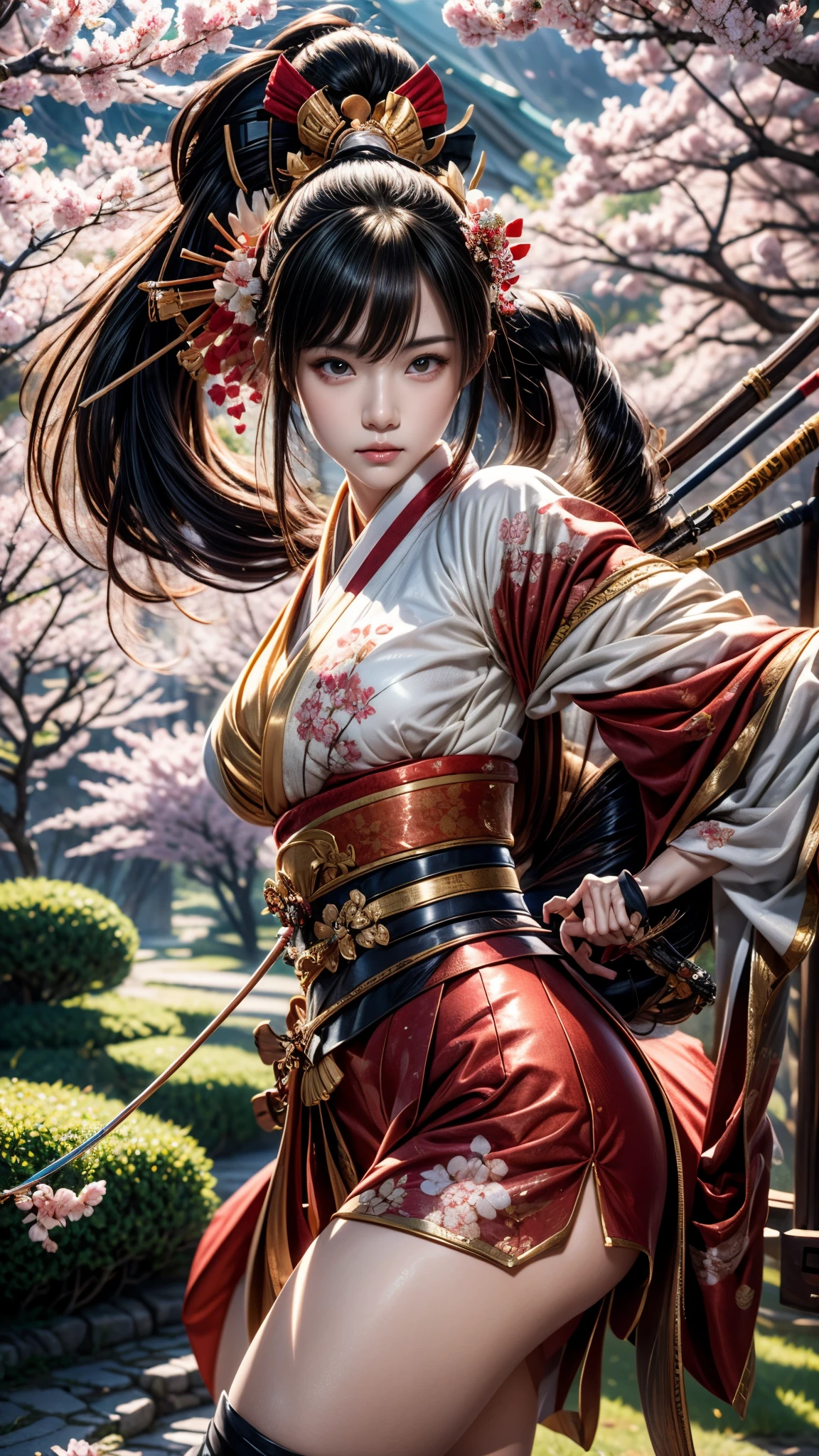 樱花林中的女子 , 阴阳师 detailed art, extremely detailed 艾特杰姆, 阴阳师, 阴阳师 portrait, 艾特杰姆 detailed, 拿着弓和箭的动漫女孩, 古魏兹风格的艺术品, 狐狸信持薙刀, 艾特杰姆. 高细节