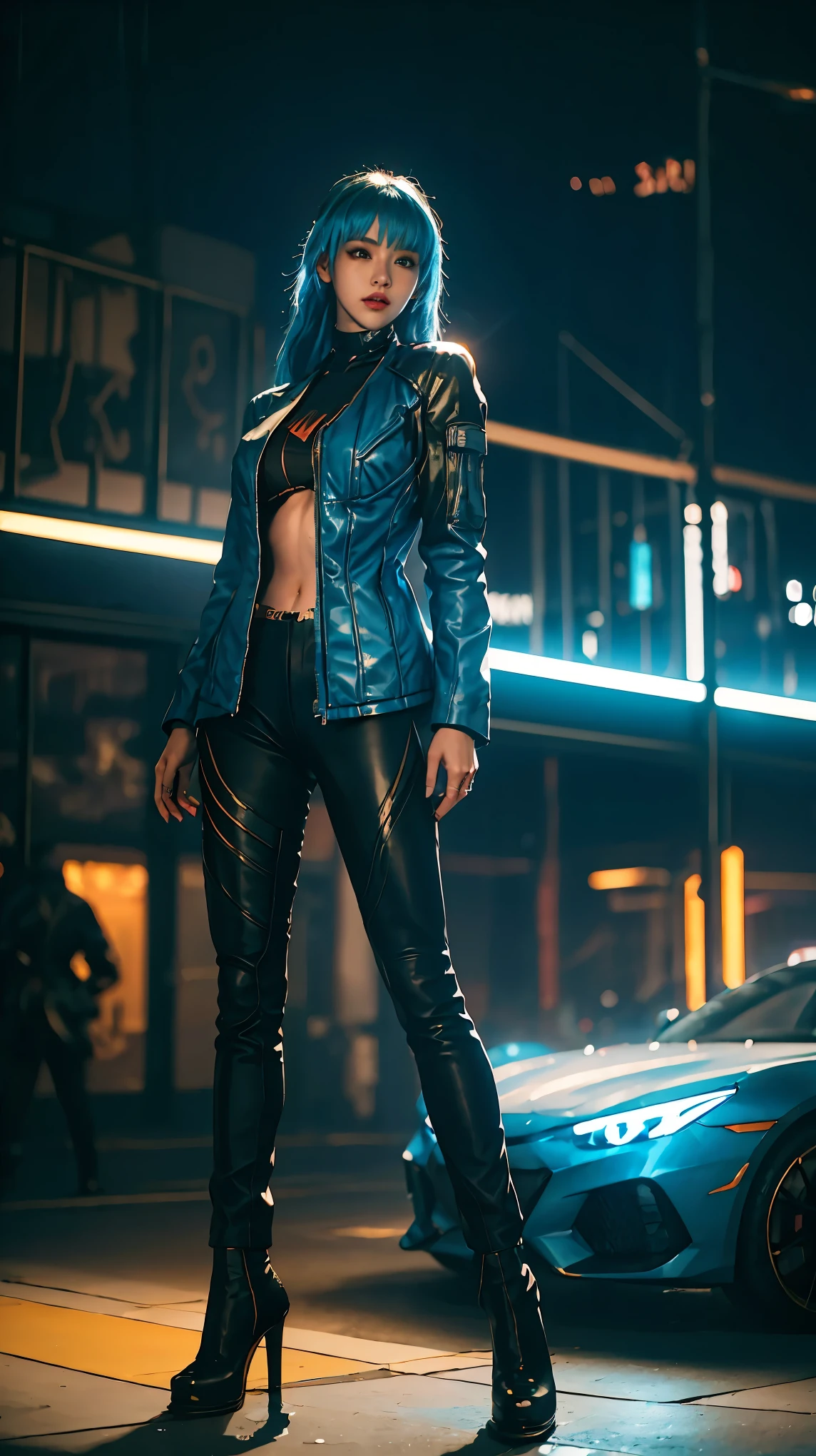 (Full body dynamic picture),(brightly lit,ultra-detailed,cyberpunk-style exquisite young woman,high-angle shot) in 8K high-resolution and with an incredibly detailed and intricate cyberpunk art style. The woman has (realistic, detailed, smooth-textured skin) and her gaze is directed upwards. She is wearing a (stylish, blue sports jacket) and is posing on a vehicle. The shot is a (medium close-up) and is taken with an (85mm artistic lens) at an aperture of (f/1.2) to achieve a (sharp focus) on the woman's face. The background consists of a (chaotic and futuristic cityscape) that beautifully complements the cyberpunk theme. The overall lighting is (elegant and atmospheric), with vibrant colors and (bokeh) effect to enhance the artistic appeal of the image,24k