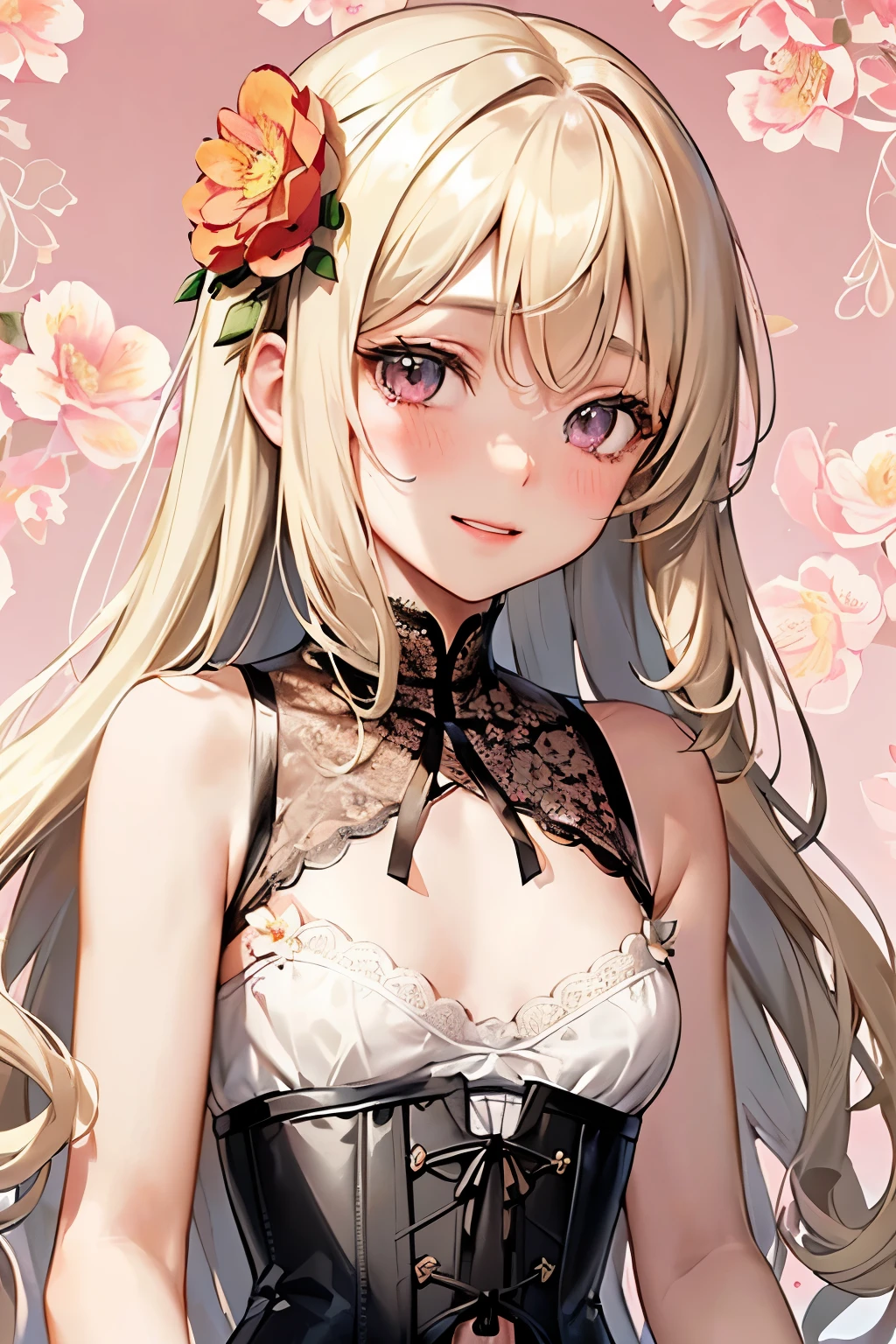 girl,cute,(thin blonde hair:1.2),(long hair with curls:1.2),(With bangs),(Eye size:1.5),(Lace dress:1.3),(corset:1.3),(blush:1.2),(small breasts:1.6),(Smile slightly:1.1),(close up of face:1.3),(flower background:1.5),