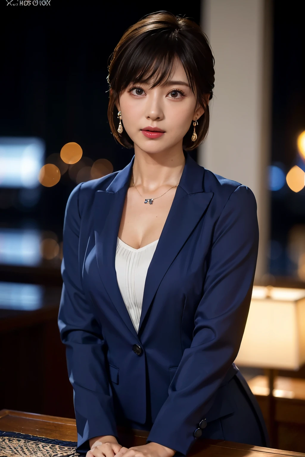 High resolution, highly detailed pictures, hyper real, professional lighting, detailed bust, 8k wallpaper, table top, highest quality, 1 girl, Shorthair, look at the audience, business suit, Dark blue suit, shirt, earrings, necklace, pantyhose, well-shaped bust, Bokeh, lower your arms, My chest feels tight