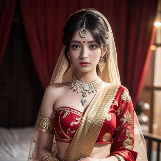 ***Desi girl***,slim face,natural skin,wearing red bridal saree,charming black hair,((hair ends are blonde)), wedding background,bokeh