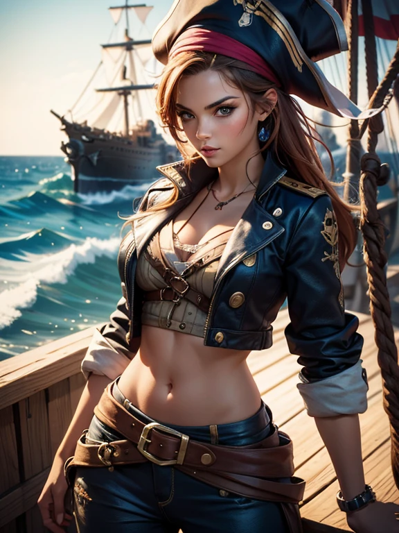 best quality), (high detail), (vivid colors), (Close up), (1girl), a beautiful female pirate captain sailing on the high seas, HDR, 4K, 3D, graffiti art style.