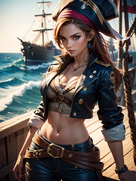 best quality), (high detail), (vivid colors), (close up), (1girl), a beautiful female pirate captain sailing on the high seas, h...