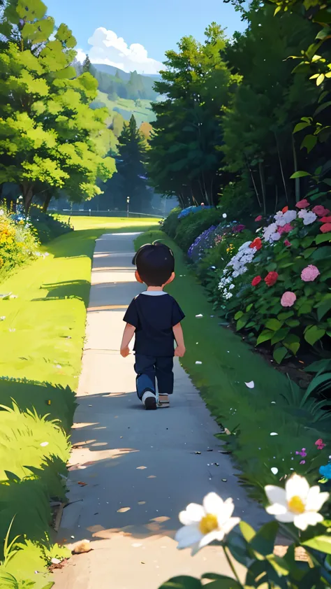 a little boy is observing the kitten walking. the white kitten is in the background of a forest and bushes full of flowers，korea...