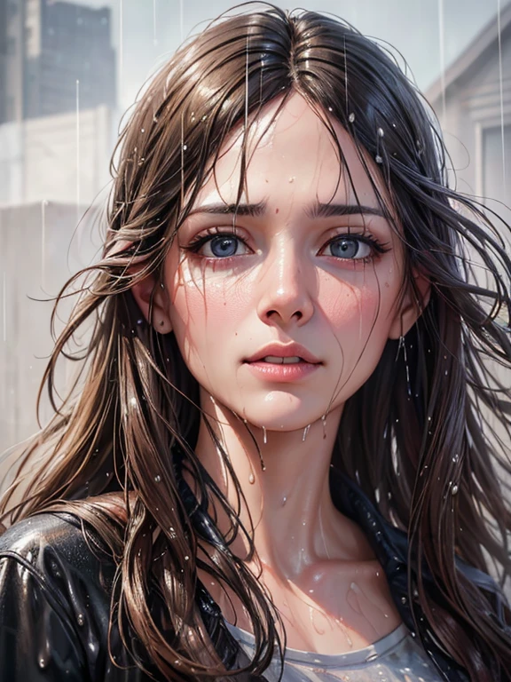 arafed woman with wet hair and wet face in the rain, ultra realistic oil painting, realistic detailed painting, realistic illustrative painting, detailed realistic painting, hyper - realistic oil painting, hyper-realistic oil painting, photo realistic painting, hyper-realistic painting, ultra realistic painting, hyperrealistic oil painting, ultrarealistic oil painting, ultra - realistic painting