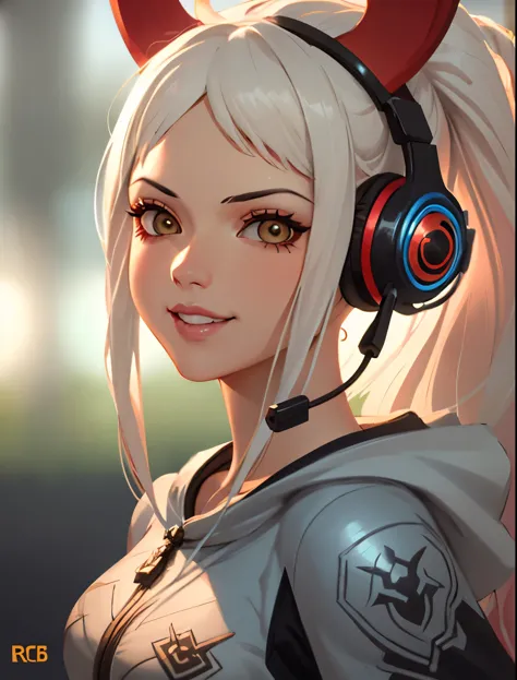 a close up of a girl with headphones on smiling, 8k artgerm bokeh, rossdraws global illumination, league of legends character, s...