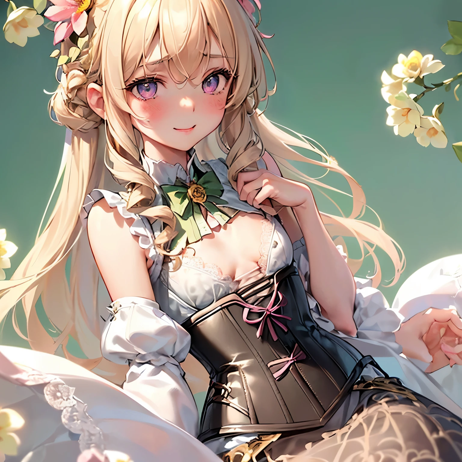 girl,cute,(thin blonde hair:1.2),(long hair with curls:1.2),(With bangs),(Eye size:1.5),(Lace dress:1.3),(corset:1.3),(blush:1.2),(small breasts:1.6),(Smile slightly:1.1),(close up of face:1.5),(flower background:1.5),((white, pink, light blue, and yellow-green)),((slouch:1.5))