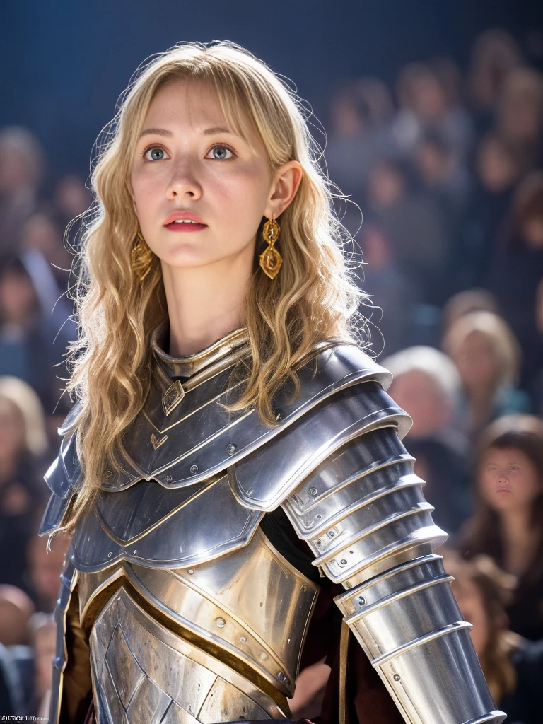 1 girl, Middle Earth Paladin ,Wearing armor ,Magic sword and powerful shield, Detail armor, Rusty armor, chain armor, Queen's Crown, Fight goblins to protect innocent villagers, witch, short, thin, square face, olive skin, platinum blonde, golden eyes, short Nose, thin Lips, round chin, Shoulder length hair, curls, blunt bangs, soft breasts, hug earrings, lavender satin lipstick, volcanic wasteland, River of fire flows into molten sea, (close up:1), (look at the audience),8k, (best quality:1.2), (masterpiece:1.37), (photo, photorealistic:1.37), (ultra high resolution), photographed by Canan EOS R6, 135mm, 1/1/2.8, ISO 400