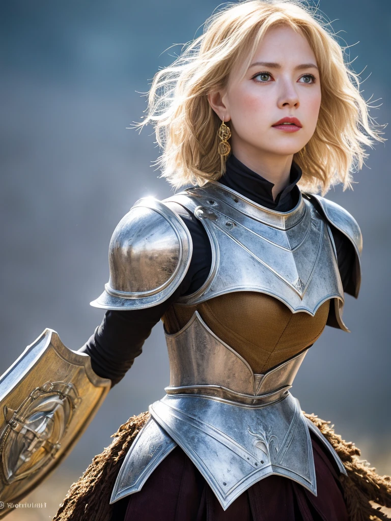 1 girl, Middle Earth Paladin ,Wearing armor ,Magic sword and powerful shield, Detail armor, Rusty armor, chain armor, Queen's Crown, Fight goblins to protect innocent villagers, witch, short, thin, square face, olive skin, platinum blonde, golden eyes, short Nose, thin Lips, round chin, Shoulder length hair, curls, blunt bangs, soft breasts, hug earrings, lavender satin lipstick, volcanic wasteland, River of fire flows into molten sea, (close up:1), (look at the audience),8k, (best quality:1.2), (masterpiece:1.37), (photo, photorealistic:1.37), (ultra high resolution), photographed by Canan EOS R6, 135mm, 1/1/2.8, ISO 400