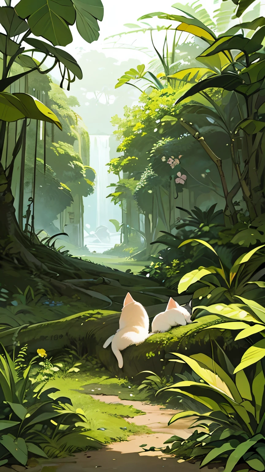 The tree々Digital painting of jungle scene, Deep jungle from another world, Fantasy Jungle, art nouveau jungle environment, Deep jungle texture, Jungle environment, eerie jungle, ,There is a fallen tree in the jungle, The white kitten is in the background of a forest and bushes full of flowers，Korean style