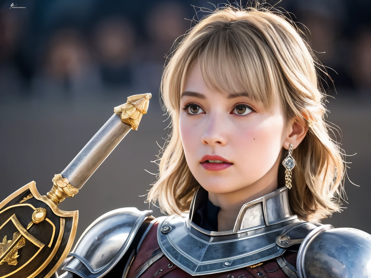 1 girl, Middle Earth Paladin ,Wearing armor ,Magic sword and powerful shield, Detail armor, Rusty armor, chain armor, Queen's Crown, Fight goblins to protect innocent villagers, witch, short, thin, square face, olive skin, platinum blonde, golden eyes, short Nose, thin Lips, round chin, Shoulder length hair, curls, blunt bangs, soft breasts, hug earrings, lavender satin lipstick, volcanic wasteland, River of fire flows into molten sea, (close up:1), (look at the audience),8k, (best quality:1.2), (masterpiece:1.37), (photo, photorealistic:1.37), (ultra high resolution), photographed by Canan EOS R6, 135mm, 1/1/2.8, ISO 400