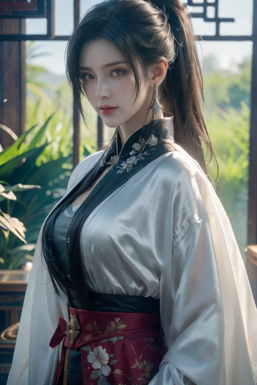 Game art，The best picture quality，Highest resolution，8K，((A bust photograph))，((Portrait))，((Head close-up))，(Rule of thirds)，Unreal Engine 5 rendering works， (The Girl of the Future)，(Female Warrior)， 22岁少女，(Ancient Chinese women)，(Rainbow hair，Ancient Oriental hairstyle)，((The pupils of the red eyes:1.3))，(A beautiful eye full of detail)，(Big breasts)，(Eye shadow)，优雅迷人，冷漠，((Anger))，(A silk coat with ancient Chinese style，Bellyband，The clothes are decorated with patterns with Chinese characteristics，A flash of jewellery，White)，(The clothes are made of silk:1.5)，人物，奇幻风格， 拍照姿势，城市背景，Movie lights，Ray tracing，Game CG，((3D Unreal Engine))，oc渲染反射纹