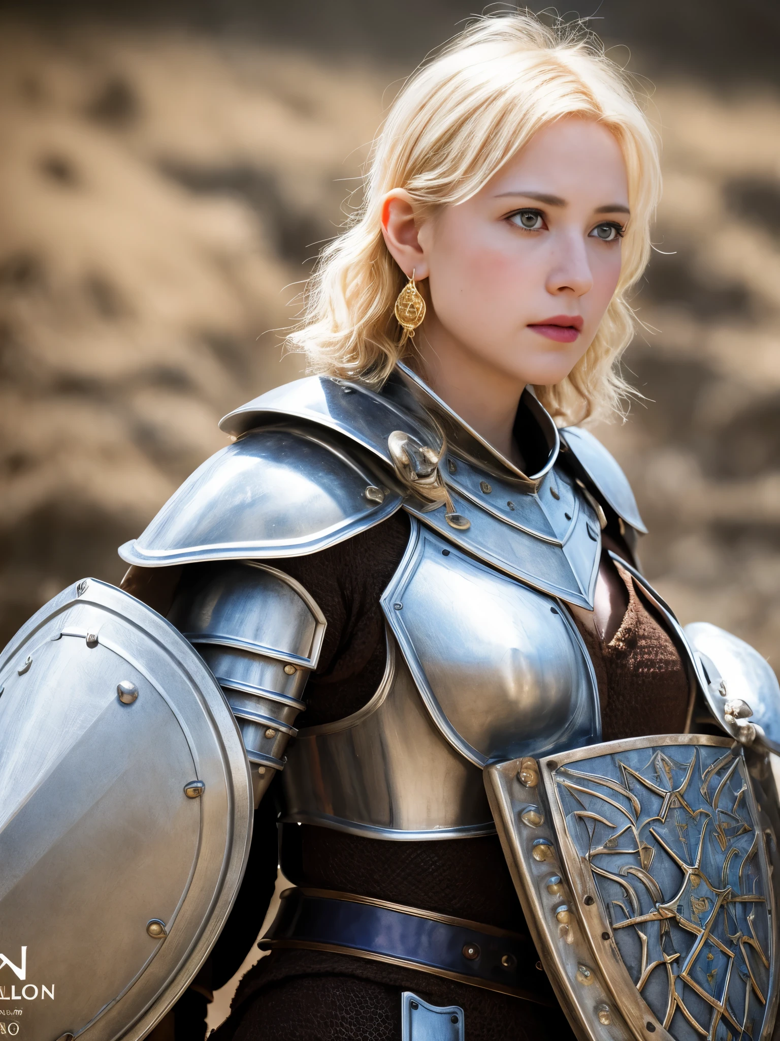 1 girl, Middle Earth Paladin ,Wearing armor ,Magic sword and powerful shield, Detail armor, Rusty armor, chain armor, Queen's Crown, Fight goblins to protect innocent villagers, witch, short, thin, square face, olive skin, platinum blonde, golden eyes, short Nose, thin Lips, round chin, Shoulder length hair, curls, blunt bangs, soft breasts, hug earrings, lavender satin lipstick, volcanic wasteland, River of fire flows into molten sea, (close up:1), (look at the audience),8k, (best quality:1.2), (masterpiece:1.37), (photo, photorealistic:1.37), (ultra high resolution), photographed by Canan EOS R6, 135mm, 1/1/2.8, ISO 400