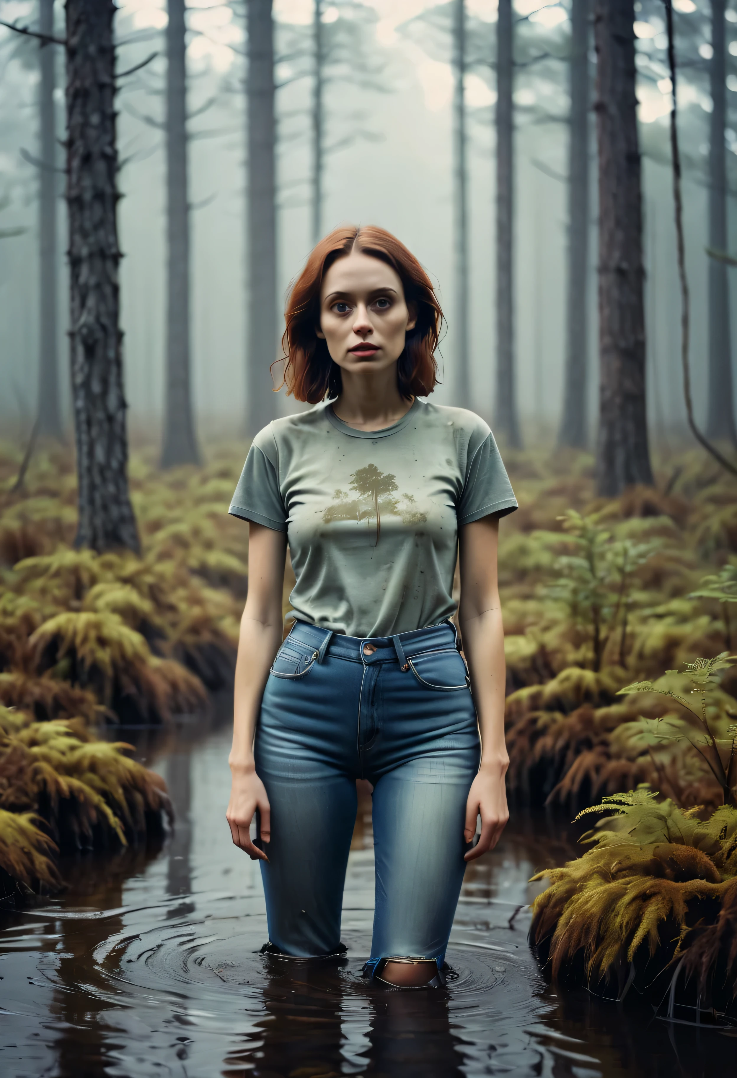 an overdeveloped, bizarre film photo, regular woman in jeans and t-shirt, drowning in forest bog, film grain, high contrast, cinematic, surreal, vintage, dreamlike, distressed, eerie atmosphere, somber color palette, haunting, misty, mysterious lighting, foggy, blurred edges, decaying textures, ghostly, old-fashioned vibe