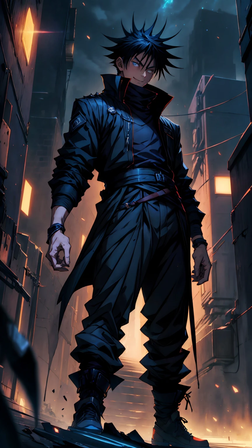 1boy, full body shot, 175 cm, megumi fushiguro, dark blue eyes, black outfit, black hair with long spikes that jut out in every direction around his head, wearing dark blue jacket over a long-sleeved white dress shirt. His uniform pants match his jacket and only reach to just above his shins. He wears long black socks that cover his exposed ankles and finishes his outfit with low-top brown shoes smile, red and dark moon city night background, wallpaper, cinematic,High resolution 8K, Bright light illumination, lens flare, sharpness, masterpiece, top-quality, The ultra -The high-definition, high resolution, extremely details CG, Anime style, Film Portrait Photography,masterpiece,hyperdetail