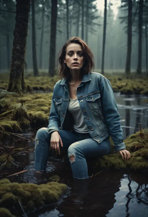 masterpiece, realistic, regular woman in jeans and t-shirt and worn out denim jacket, drowning in forest bog, film grain, high contrast, cinematic, surreal, vintage, dreamlike, distressed, eerie atmosphere, somber color palette, haunting, misty, mysterious...