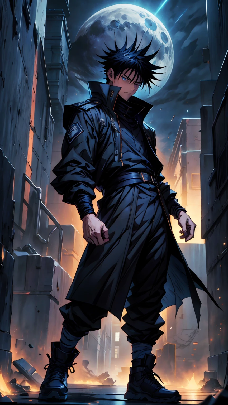 1boy, full body shot, 175 cm, megumi fushiguro, dark blue eyes, black outfit, black hair with long spikes that jut out in every direction around his head, wearing dark blue jacket over a long-sleeved white dress shirt. His uniform pants match his jacket and only reach to just above his shins. He wears long black socks that cover his exposed ankles and finishes his outfit with low-top brown shoes, dynamic pose, blue and dark moon city night background, wallpaper, cinematic,High resolution 8K, Bright light illumination, lens flare, sharpness, masterpiece, top-quality, The ultra -The high-definition, high resolution, extremely details CG, Anime style, Film Portrait Photography,masterpiece,hyperdetail, white and black wolf