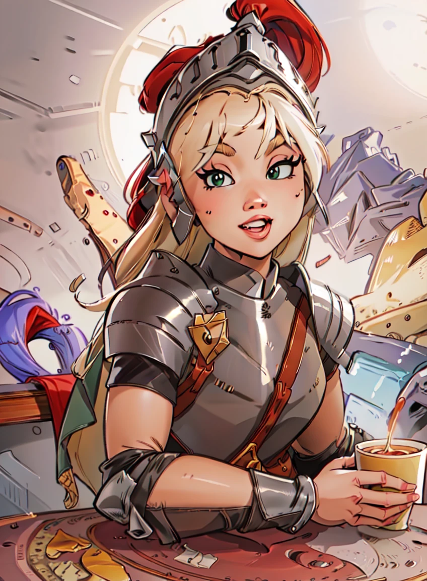 (masterpiece, best quality, ultra-detailed, highres, illustration:1.1),original,extremely detailed wallpaper,official art,nice hands,perfect hands,cafe,hoding cup ,cup,cup of coffee,sitting on table,sitting,cafe table ,drinking shop ,from side,dumbface ,upper body,1girl, solo, looking at viewer, smile,blonde hair ,long hair,armor, green eyes, weapon, belt, sword, cape ,helmet ,gauntlets ,black gloves,