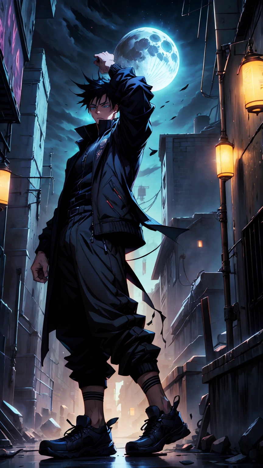 1boy, full body shot, 175 cm, megumi fushiguro, dark blue eyes, black outfit, black hair with long spikes that jut out in every direction around his head, wearing dark blue jacket over a long-sleeved white dress shirt. His uniform pants match his jacket,He wears long black socks, low-top brown shoes, dynamic pose, blue and dark moon city night background, wallpaper, cinematic,High resolution 8K, Bright light illumination, lens flare, sharpness, masterpiece, top-quality, The ultra -The high-definition, high resolution, extremely details CG, Anime style, Film Portrait Photography,masterpiece,hyperdetail, white and black wolf