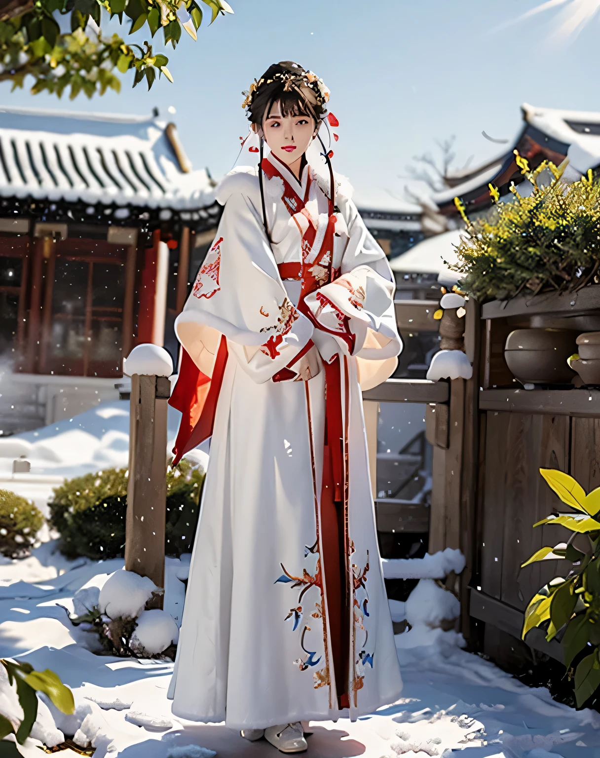 masterpiece, best quality, actual, 8k, official art, Light, ultra high resolution, 1 girl, Sky, 阳Light, 脸上有Light,  Sexy, Split_cut out, (white hanfu), (Winter hanfu:1.2), (cloak:1.2), (snow:1.3),(whole body), 
 French style, jewelry ,necklace , Appalachian, 