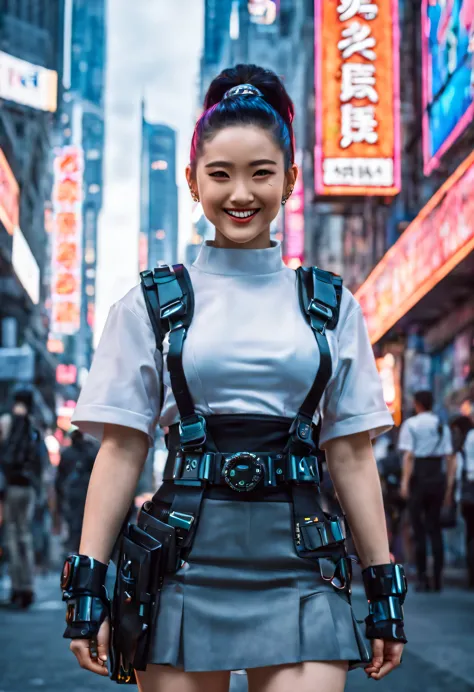 masterpiece, best quality, ((smiling)) cyberpunk girls standing, having grey and grey uniform and black long skirt, Harajuku-ins...