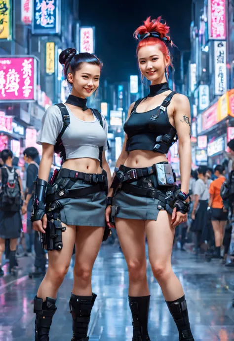 masterpiece, best quality, ((smiling)) cyberpunk girls standing, having grey and grey uniform and black long skirt, Harajuku-ins...