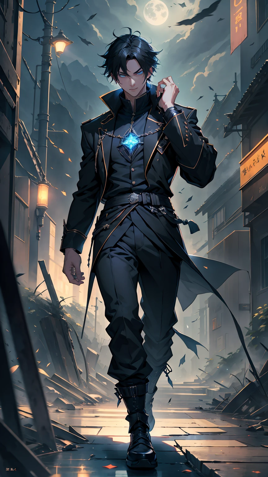 1boy, full body shot, 175 cm, megumi fushiguro, dark blue eyes, black outfit, black hair with long spikes that jut out in every direction around his head, wearing dark blue jacket over a long-sleeved white dress shirt. His uniform pants match his jacket,He wears long black socks, low-top brown shoes, dynamic pose, blue and dark moon city night background, wallpaper, cinematic,High resolution 8K, Bright light illumination, lens flare, sharpness, masterpiece, top-quality, The ultra -The high-definition, high resolution, extremely details CG, Anime style, Film Portrait Photography,masterpiece,hyperdetail, white and black wolf