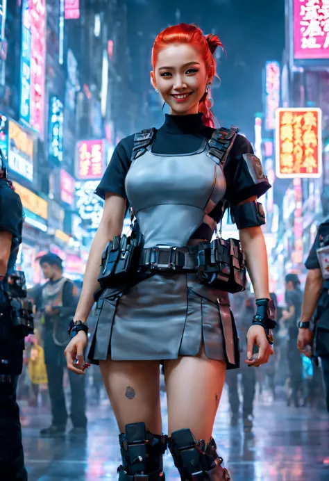 masterpiece, best quality, ((smiling)) cyberpunk girls standing, having grey and grey uniform and black long skirt, harajuku-ins...