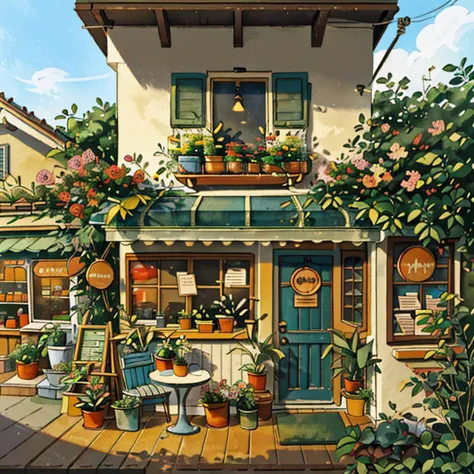 jzcg021,flower store,coffee spot,table,chair,no one,windows,flowers,plant,potted plant,watercolor (moderate),landscape,doors,air...