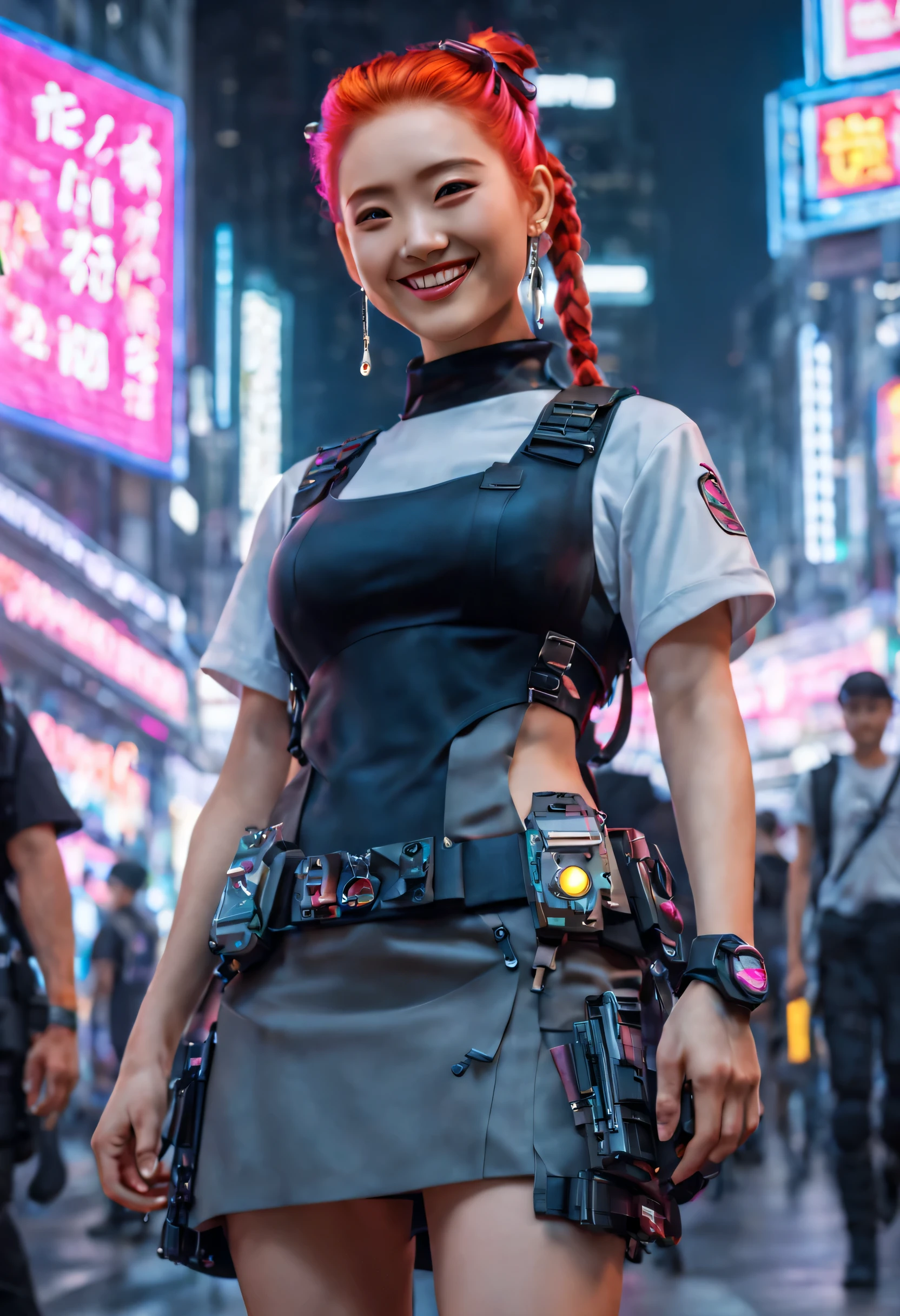 masterpiece, best quality, ((smiling)) cyberpunk girls standing, having grey and grey uniform and black long skirt, Harajuku-inspired cyberpunk body harness, bold colors and patterns, eye-catching accessories, trendy and innovative hairstyle with baroque influence, dazzling Cyberpunk cityscape, skyscrapers, glowing neon signs, LED lights, anime illustration, detailed skin texture, detailed cloth texture, beautiful detailed face, intricate details, ultra detailed, cinematic lighting, strong contrast.