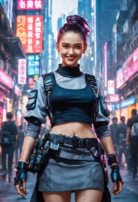 masterpiece, best quality, ((smiling)) cyberpunk girls standing, having grey and grey uniform and black long skirt, Harajuku-ins...