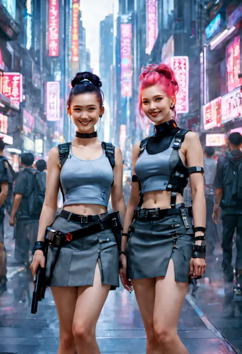 masterpiece, best quality, ((smiling)) cyberpunk girls standing, having grey and grey uniform and black long skirt, Harajuku-ins...