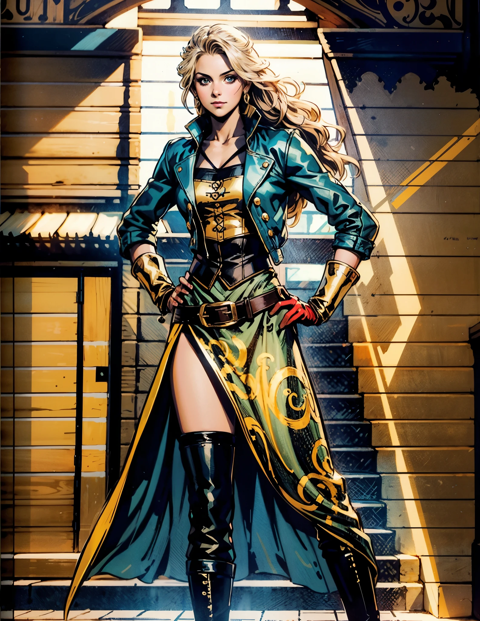 A beautiful woman with flowing orange long hair, exquisite facial features, a playful smile, confident eyes, a tall figure, a two-piece fantasy-style pirate robe coat, yellow as the main color, complemented by red accents, long wrist guard gloves on her hands, a gold belt around her waist with a short hem, leather pants, knee-high boots, standing with her hands on her hips in front of a fantasy medieval-style port tavern, this character embodies a finely crafted fantasy-style female pirate in anime style, exquisite and mature manga art style, high definition, best quality, highres, ultra-detailed, ultra-fine painting, extremely delicate, professional, anatomically correct, symmetrical face, extremely detailed eyes and face, high quality eyes, creativity, RAW photo, UHD, 8k, Natural light, cinematic lighting, masterpiece-anatomy-perfect, masterpiece:1.5